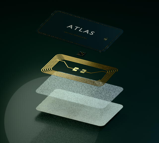 Illustrative exploded NFC tag showing the cover, silicon chip, antenna, carrier film, and adhesive.
